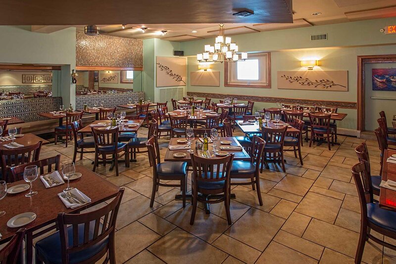 Dining room with many set tables